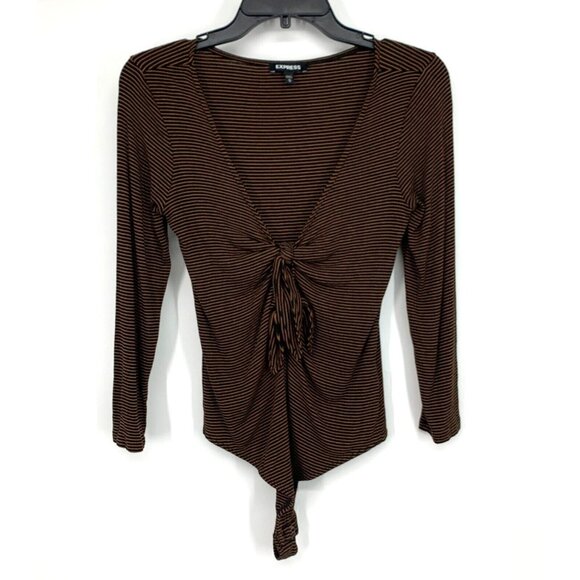 Express Bodysuit Brown Black Stripe V Neck Long Sleeve Knit - Picture 1 of 10